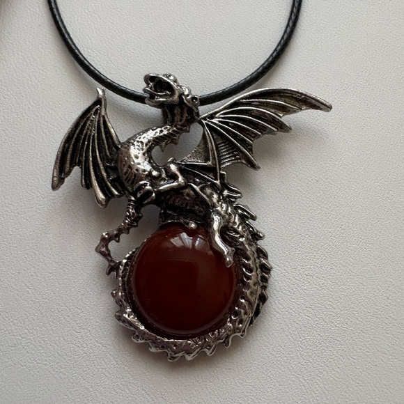 Jewelry - New Silver tone Dragon Pendant Necklace with Carnelian Stone